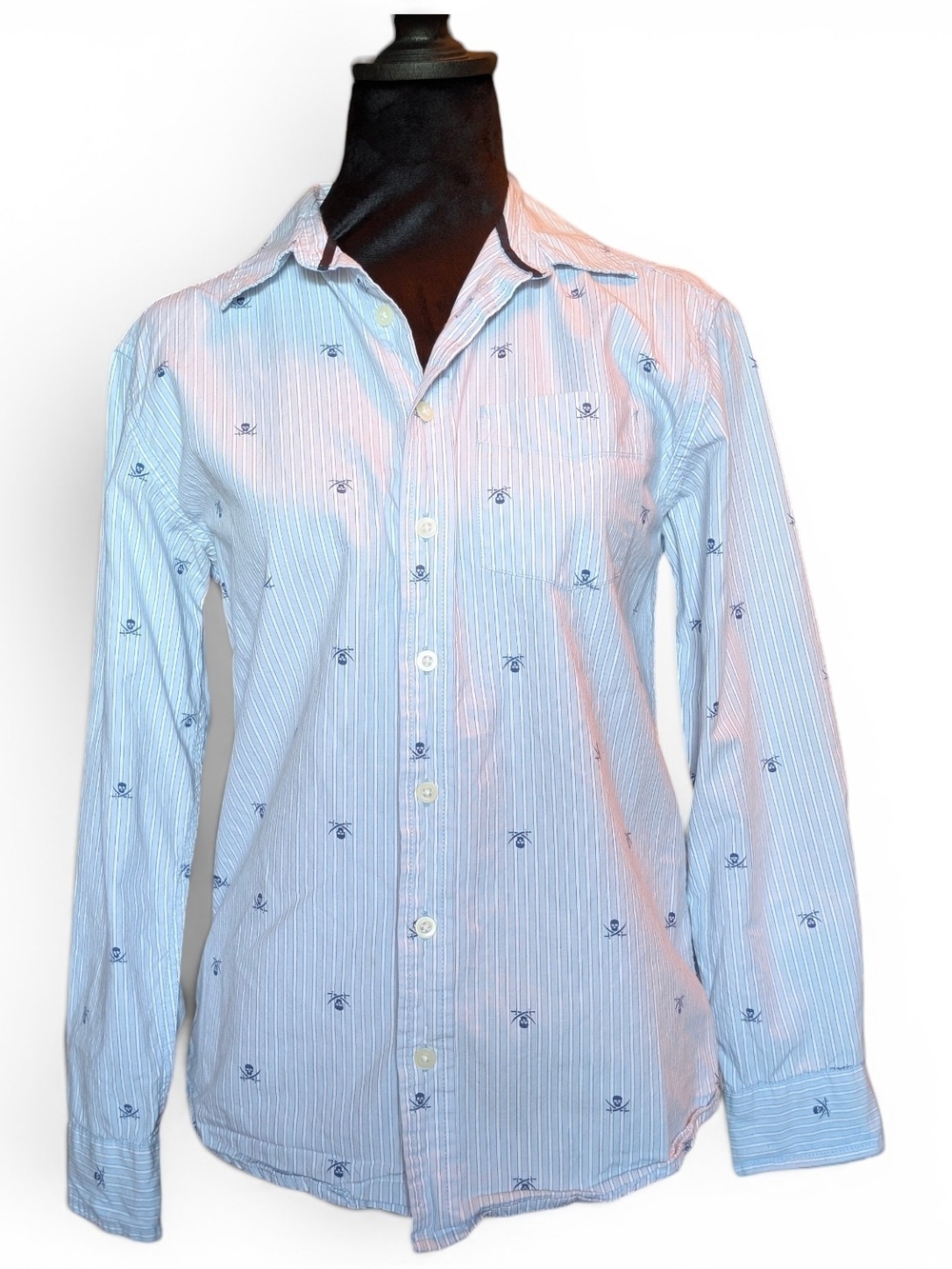 Cherokee Kids Light Blue Pinstripe Button-Down Shirt with Pirate Motif L-12/14